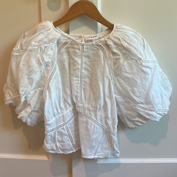 Frame Inset Lace Gathered Seam Top, Size S, White - Picture 5 of 11